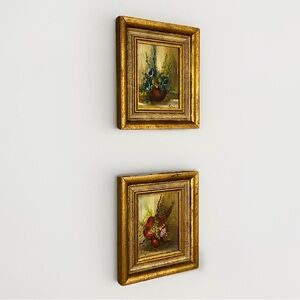 Vintage Set of Small Original Oil Painting Still Life Flowers Floral Framed Rene